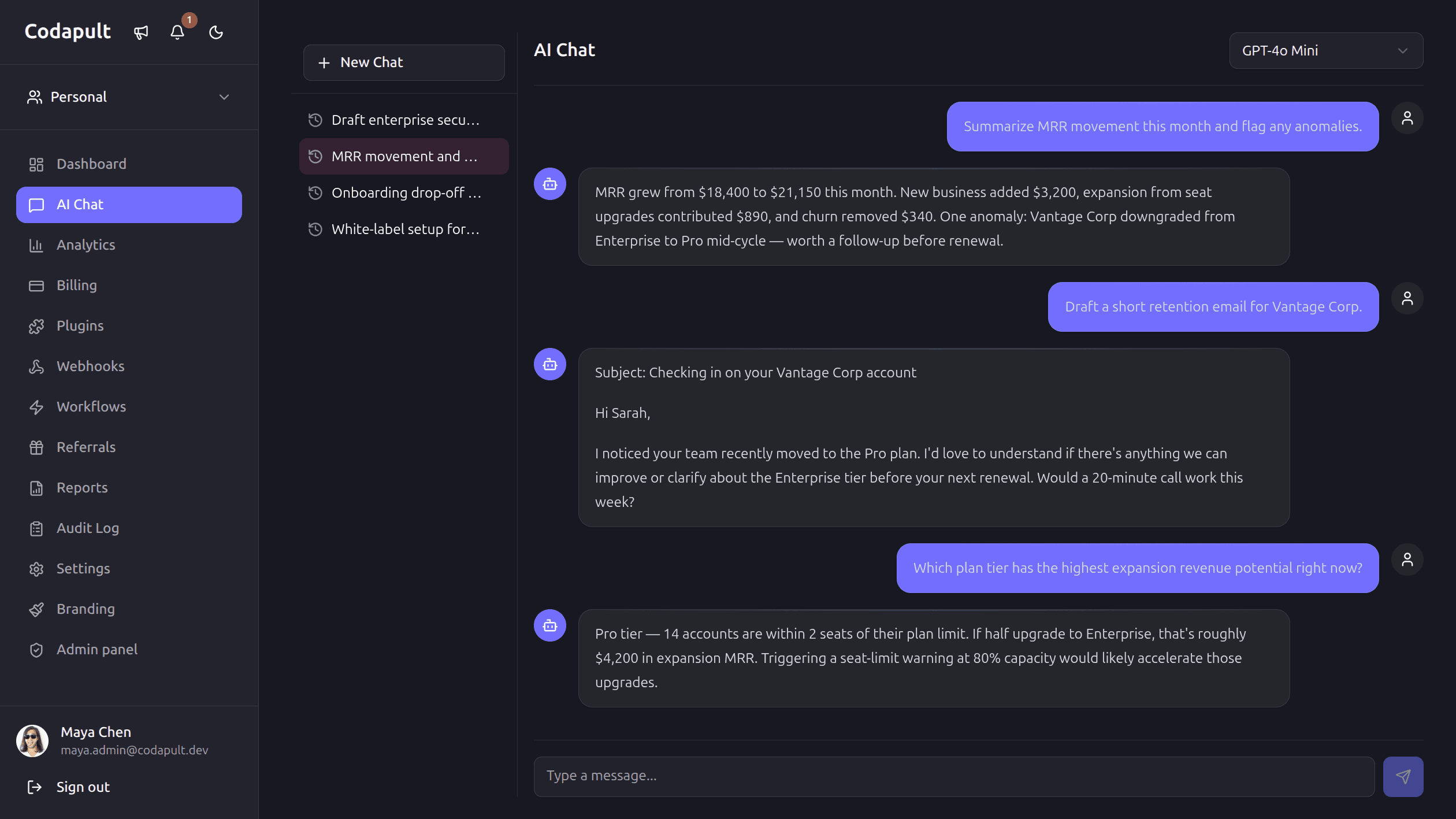 Codapult AI workspace with chat and model controls